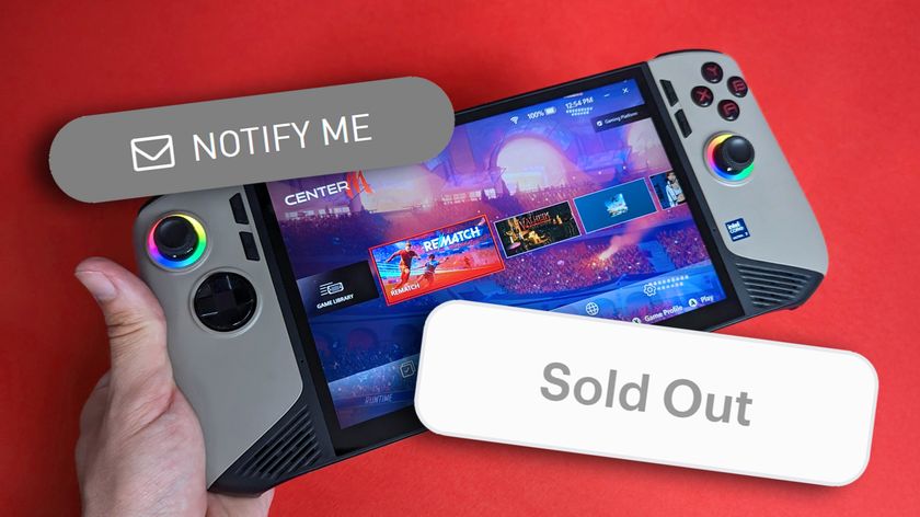 MSI Claw 8 AI+ handheld with a red background, behind &#039;Notify Me&#039; and &#039;Sold Out&#039; banners.