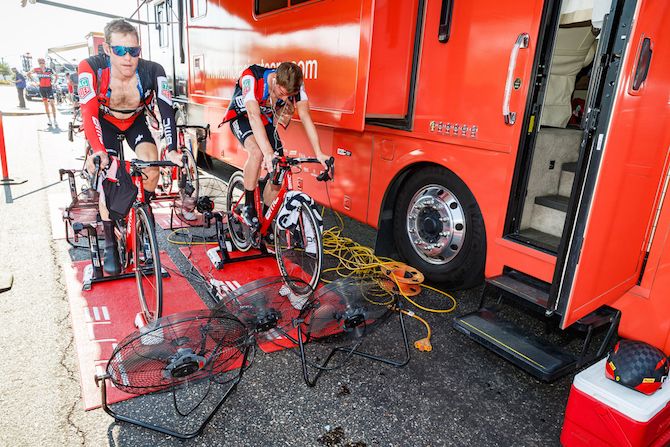 Brent Bookwalter of the United States and the BMC Racing Team and teammate Tom Bohli of Switzerland and the BMC Racing Team warm up before the prologue on August 6, 2018 in St. George, Utah.