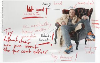 Self-portrait of Juergen Teller in armchair, annotated with ironic notes for image enhancement