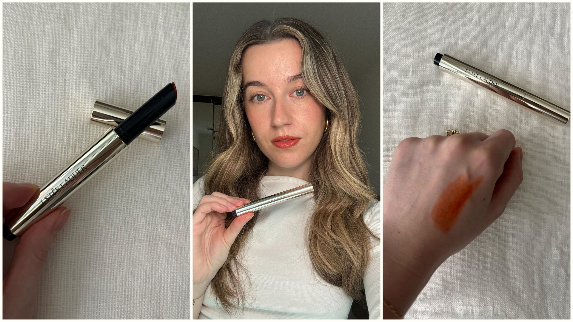 Deputy beauty editor Grace Lindsay testing the Est&eacute;e Lauder Pure Colour Melt-On Glosstick