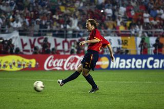 Gaizka Mendieta scores the winning penalty for Spain against the Republic of Ireland at the 2002 World Cup.