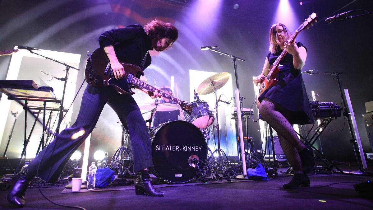 Carrie Brownstein and Corin Tucker of Sleater-Kinney perform at Vicar Street on March 01, 2020 in Dublin, Ireland.