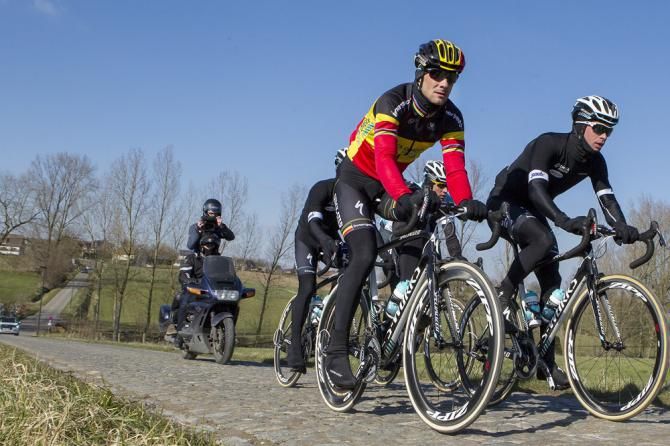 Belgian champion Tom Boonen rides alongside Omega Pharma-Quick Step teammate Iljo Keisse.