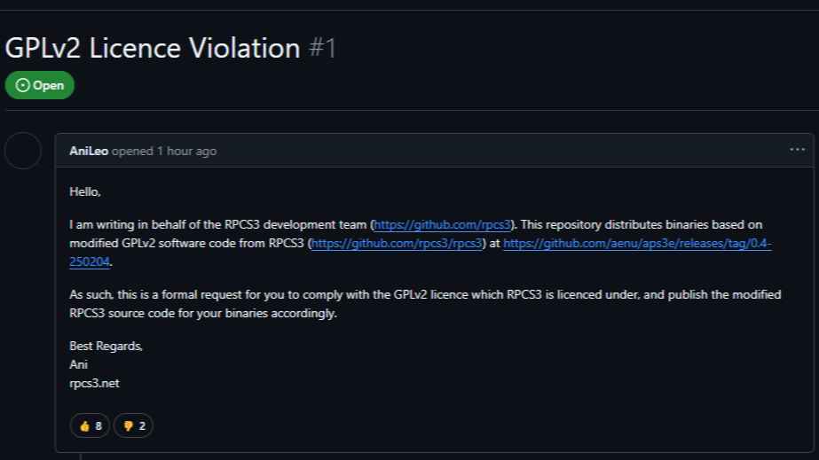 GPLv2 License Violation Issue from RPCS3 Developer on aPS3e GitHub