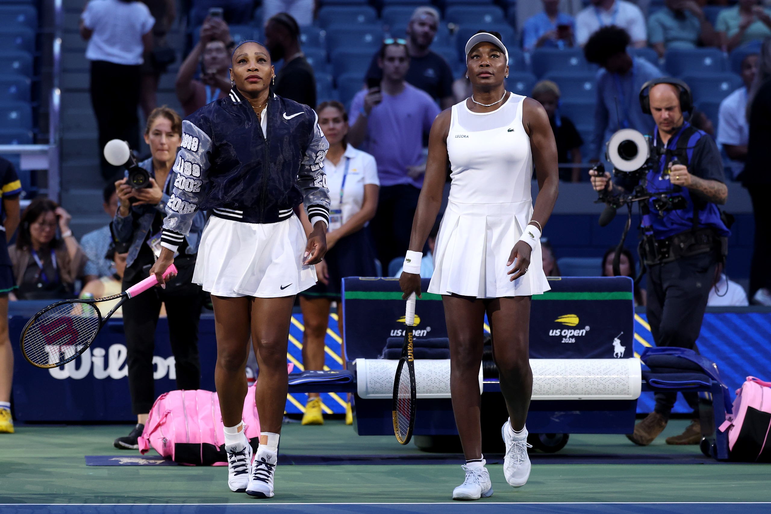 Serena Williams wears a custom Nike jacket to play doubles with sister Venus Williams on Day Six of the 2026 US Open at USTA Billie Jean King National Tennis Center on September 4, 2026