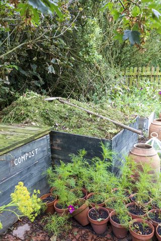 black painted wooden compost bin in garden
