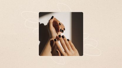 Square image of a woman's hands with dark nail polish, set in front of a white single line abstract illustration on a beige background