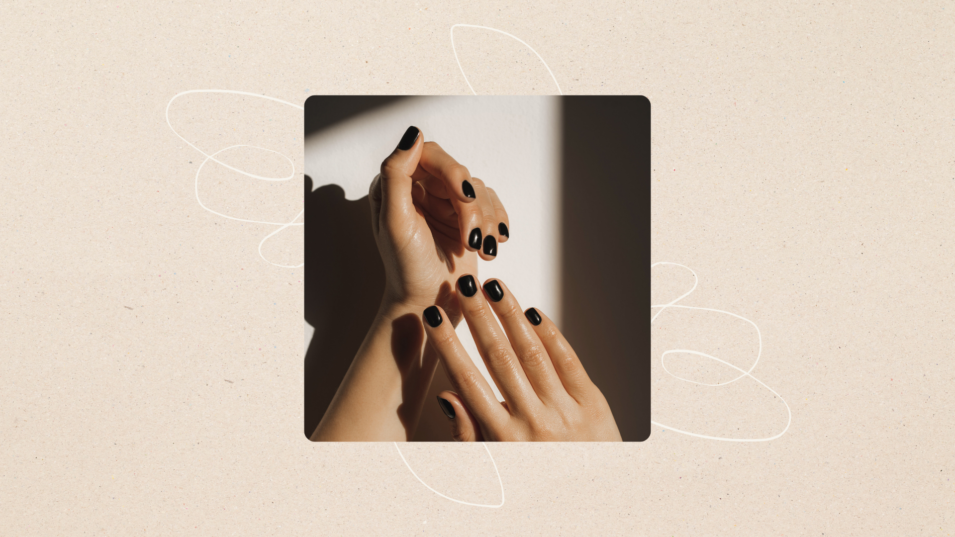 Square image of a woman's hands with dark nail polish, set in front of a white single line abstract illustration on a beige background 