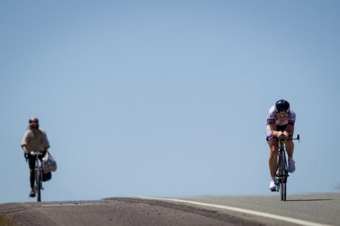 Two riders along the Tour of the Gila TT course.