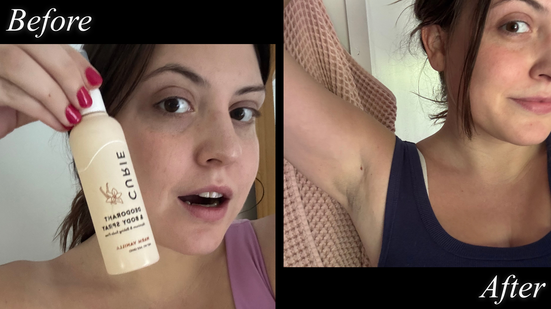 Sophia Vilensky before and after testing Curie's Deodorant and Body Spray.