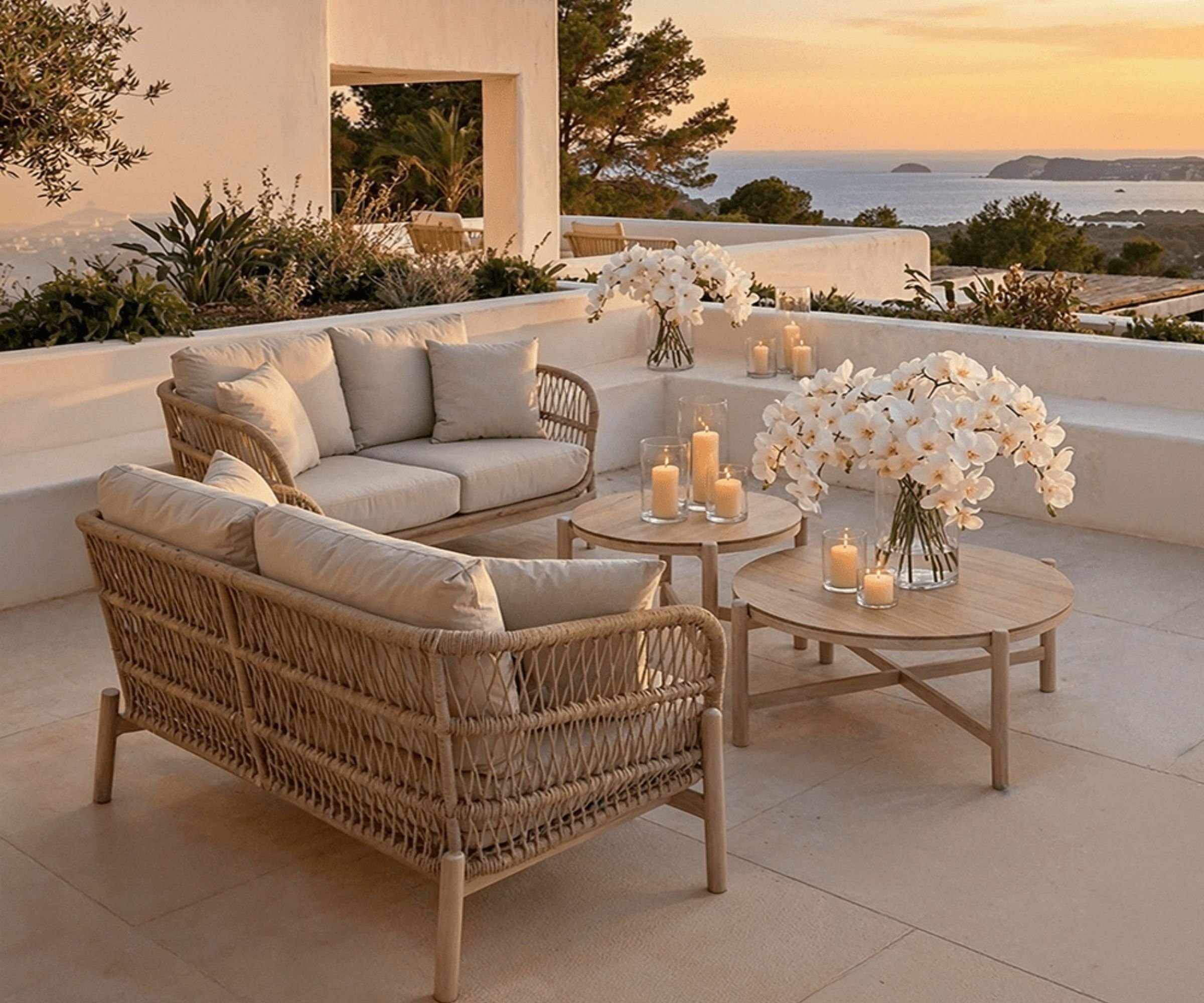Rattan sofas, candlelit tables, white orchids on white-walled terrace overlooking sea at sunset.