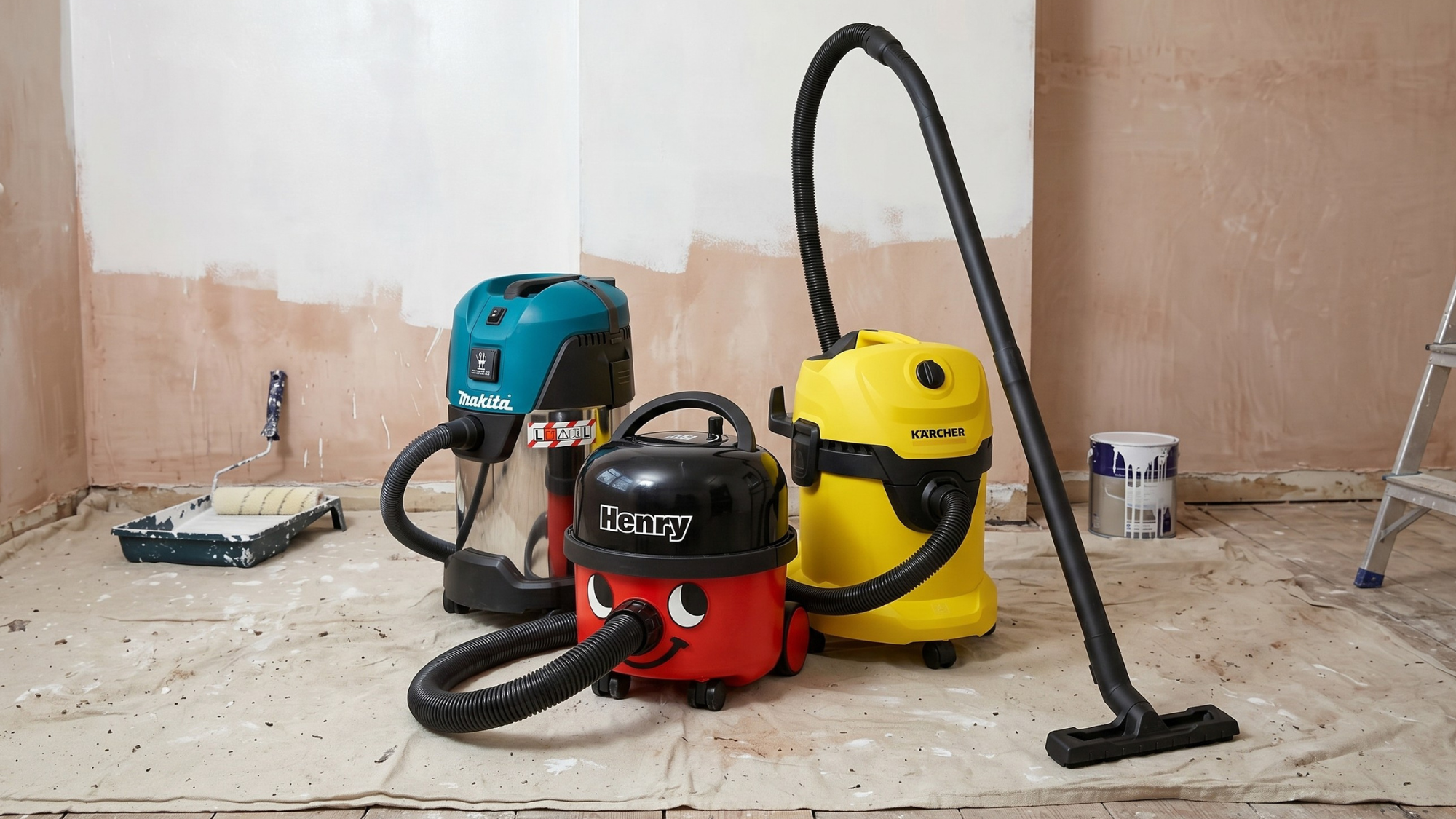 Three of the best vacuum cleaners for builders dust on a dust sheet with a half painted wall in the background