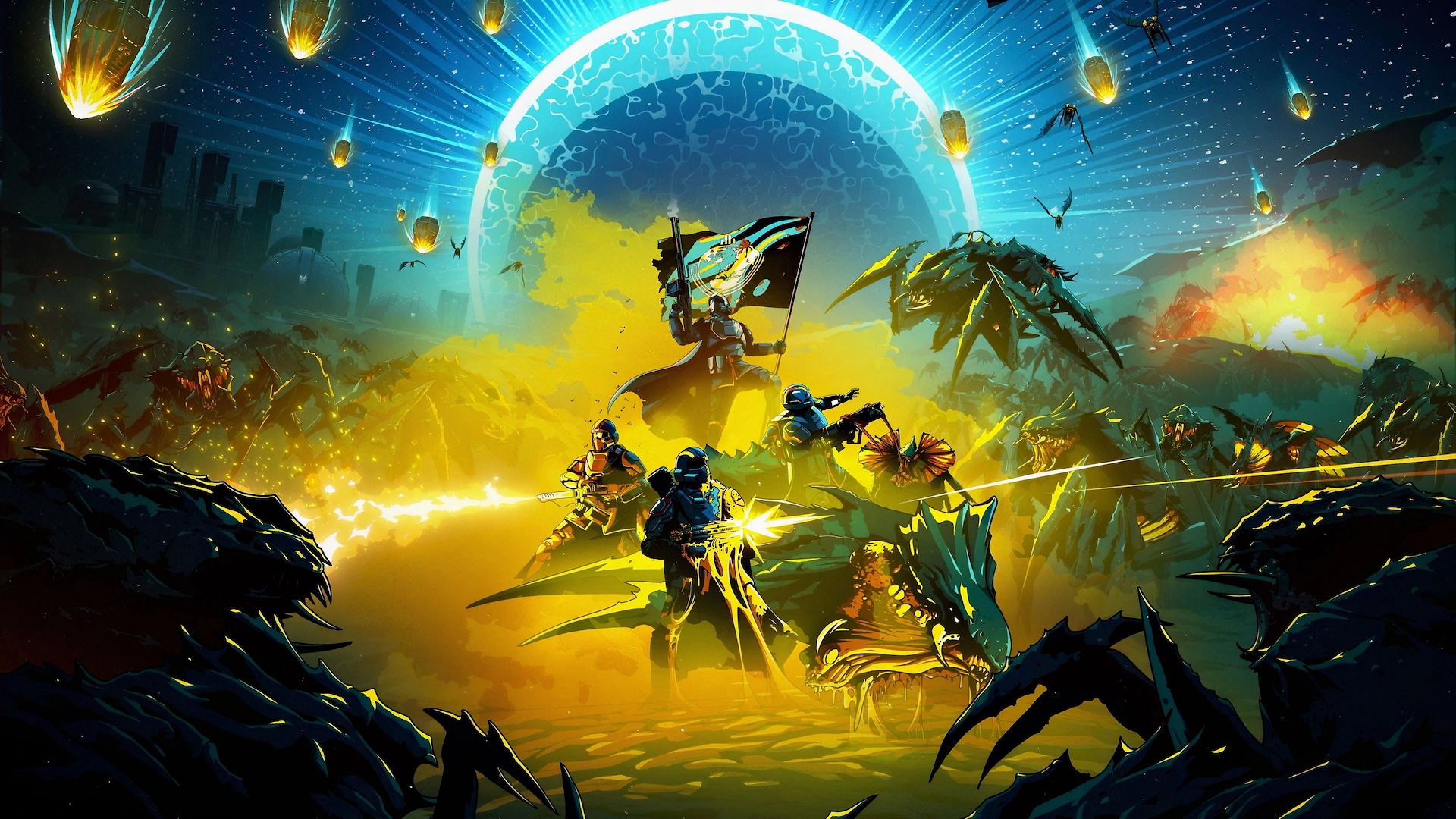 Helldivers 2 cover art showing four soldiers battling against insect aliens 