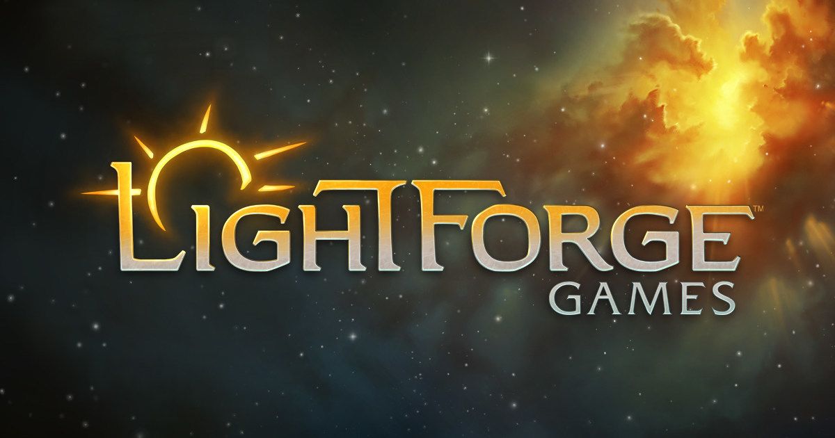 The word &quot;LightForge Games&quot; overtop an outer space background.