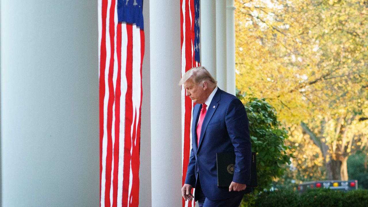 Donald Trump arrives to deliver an update on &amp;quot;Operation Warp Speed&amp;quot; in the Rose Garden of the White House.