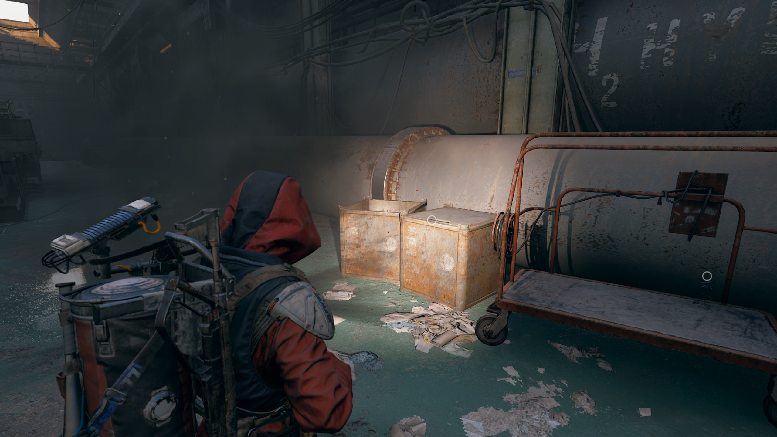 Arc Raiders Water Filter: A player looking at two large metal crates inside the Generator Hall on Dam Battlegrounds.