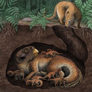 a dinosaur with babies in an underground burrow with a mammal looking down into it.