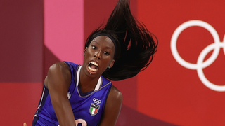 Paola Ogechi Egonu #18 of Team Italy serves her way into the Turkey vs Italy Women's Volleyball Semi Final at Olympics 2024