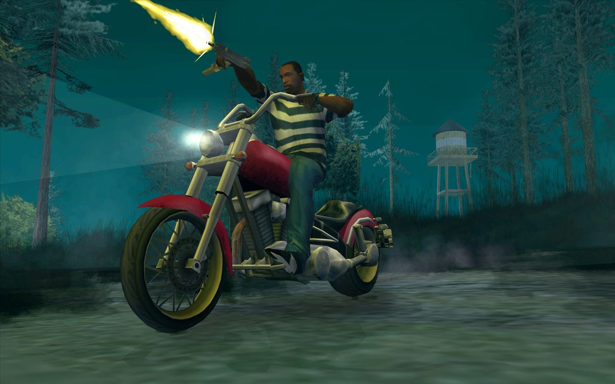 CJ on a motorbike firing a submachine gun with one hand