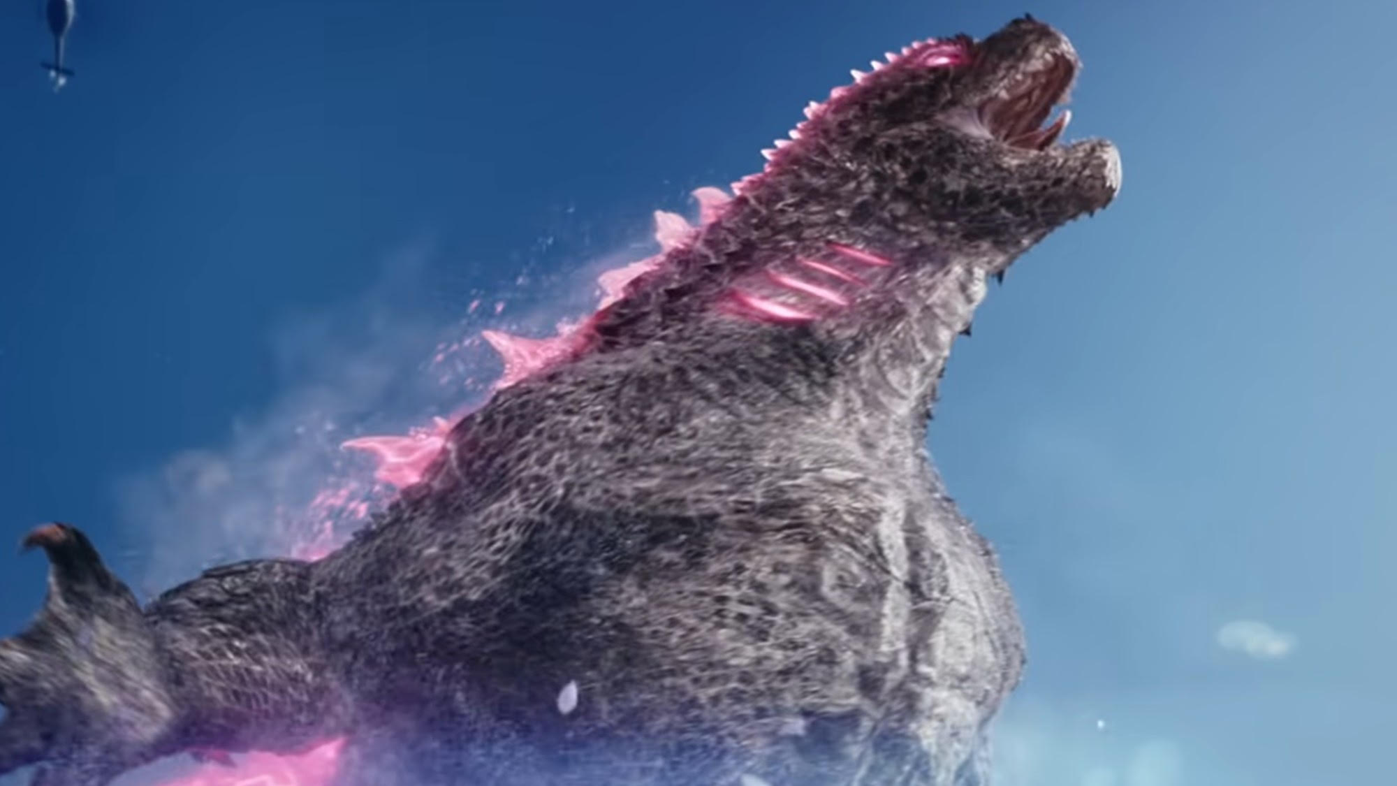 A pink-spined Godzilla getting ready to light it up in Godzilla x Kong: The New Empire