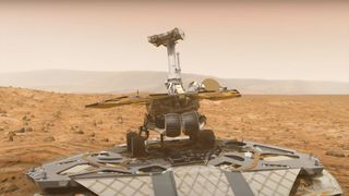 rendering of a robotic rover atop its flattened lander on a red planet