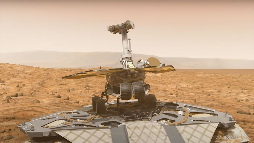 rendering of a robotic rover atop its flattened lander on a red planet