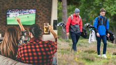 People watching football and drinking, two golfers walk down the fairway