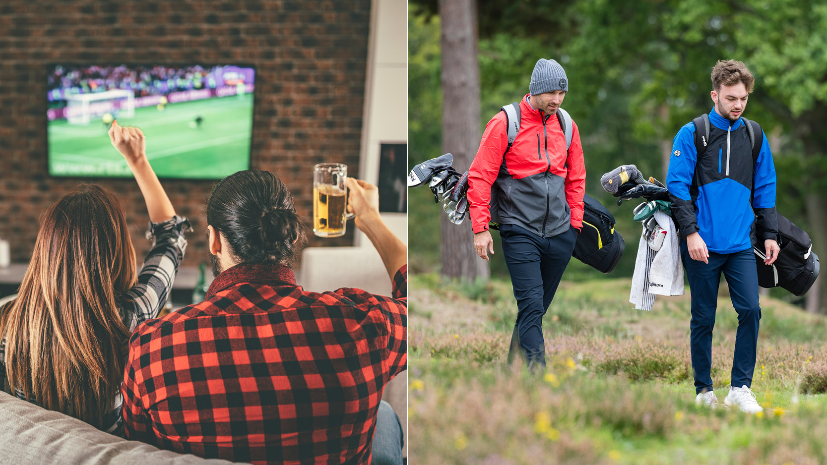People watching football and drinking, two golfers walk down the fairway