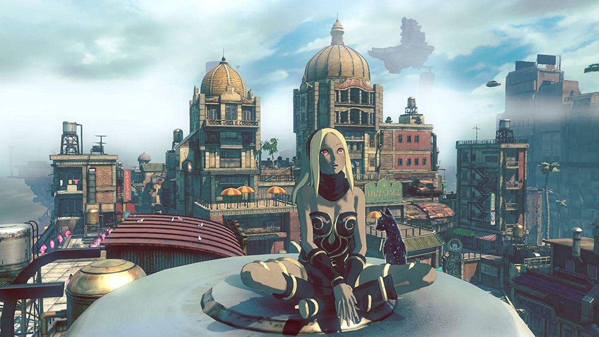 Gravity Rush protagonist falling through space.