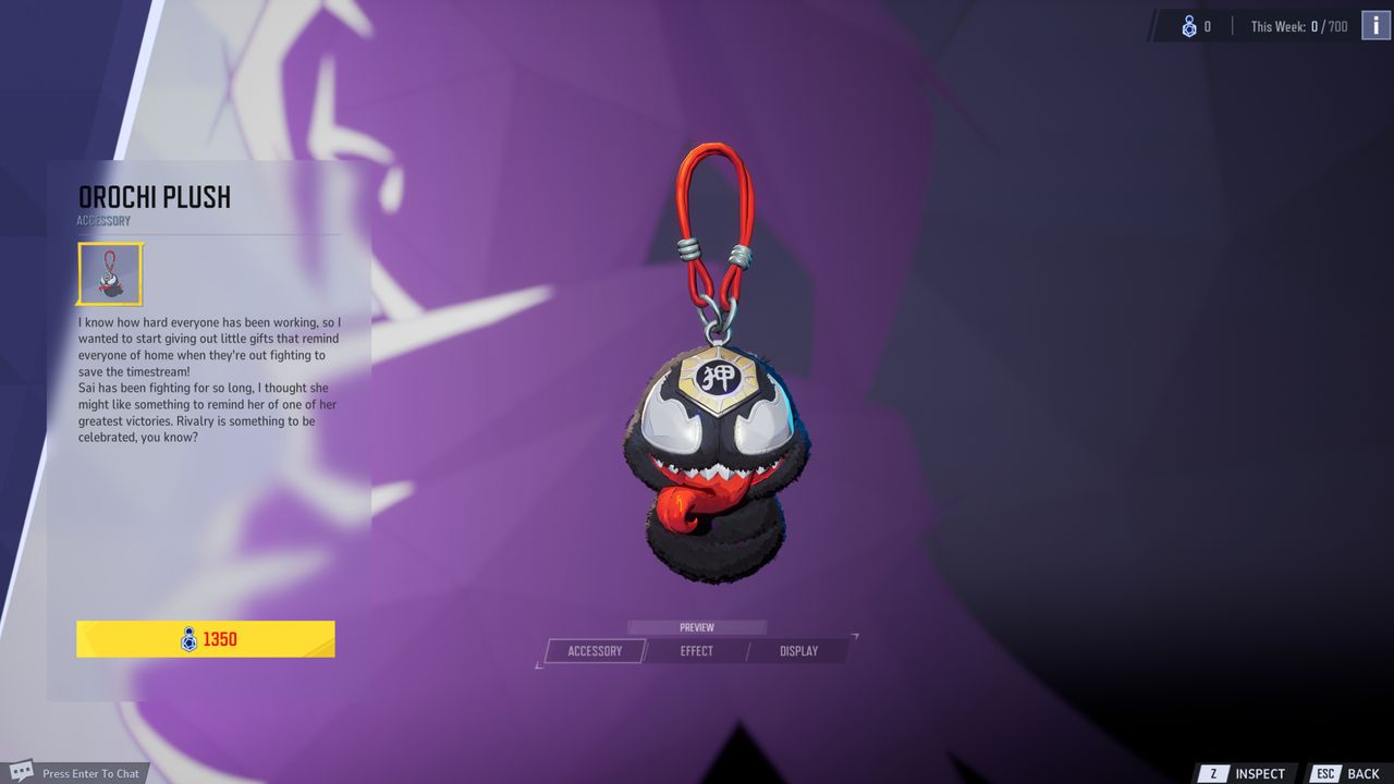 Marvel Rivals accessories: The Orochi Plush for Psylocke in the menu.