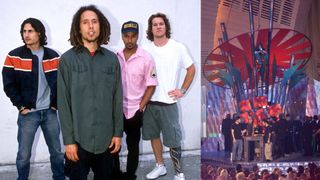 Rage Against The Machine in 1999 and Rage Against the Machine bass player Tim Commerford sits on part of the set while Limp Bizkit recieves their award at the 2000 MTV Video Music Awards at Radio City Music Hall in New York City
