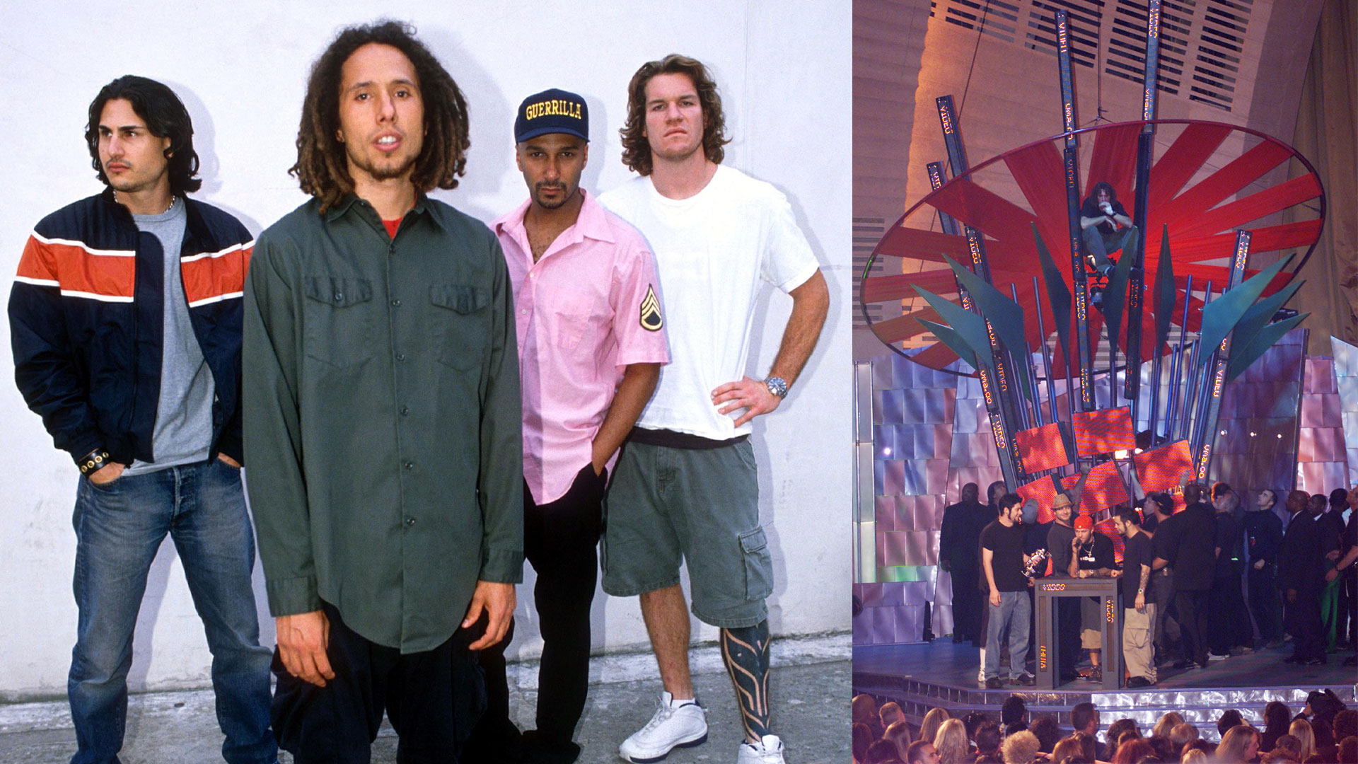 Rage Against The Machine in 1999 and Rage Against the Machine bass player Tim Commerford sits on part of the set while Limp Bizkit recieves their award at the 2000 MTV Video Music Awards at Radio City Music Hall in New York City