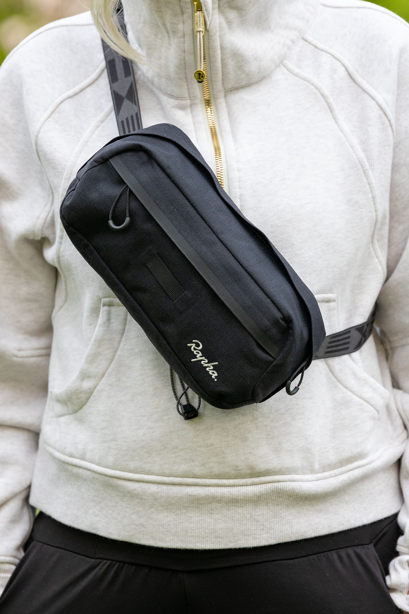 Rapha Explore Bar Bag worn as shoulder bag