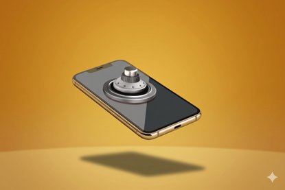 A cell phone hovers in the air with a combination lock on its screen, symoblizing cybersecurity. 