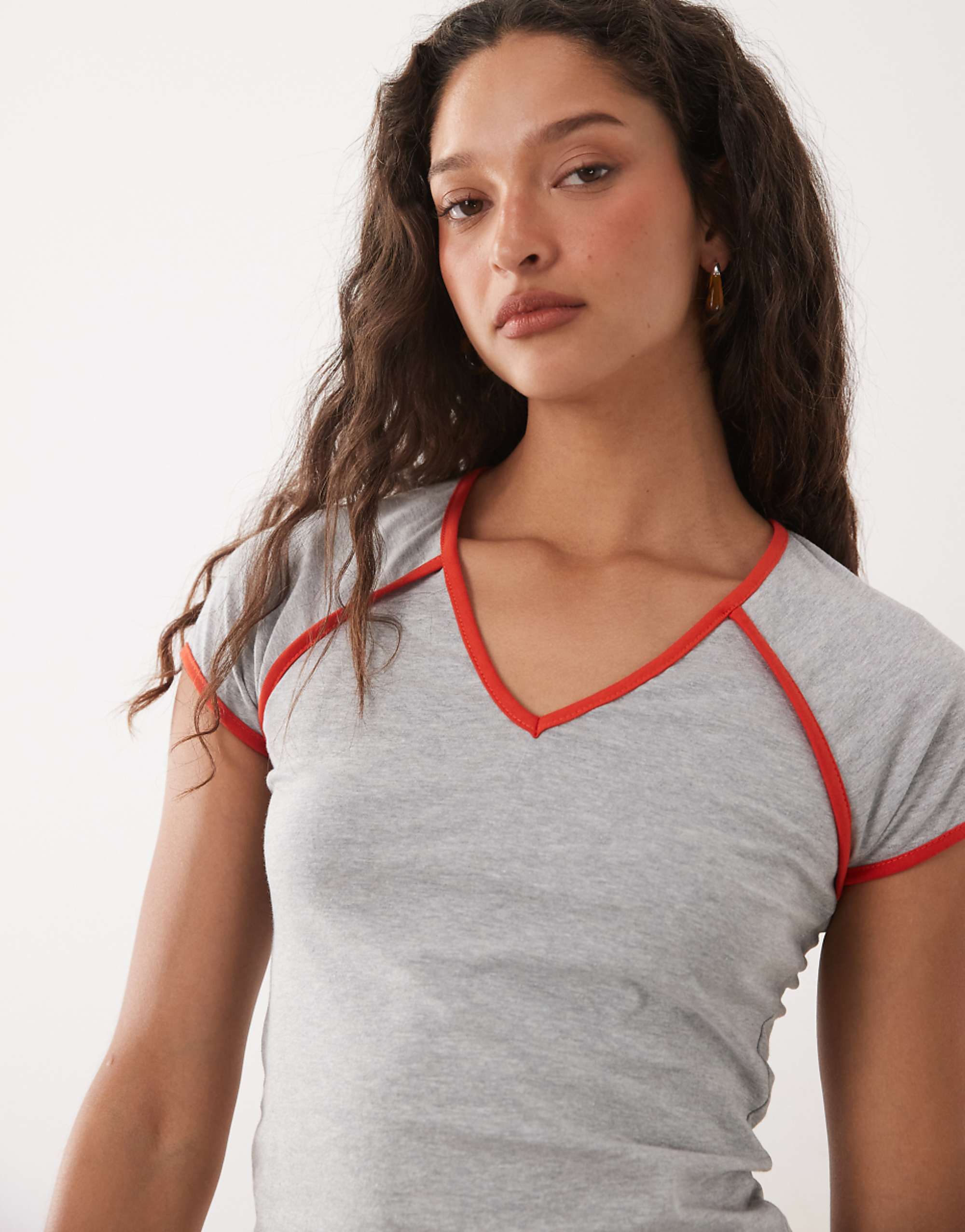 Asos Design V Neck Raglan Sleeve Top in Gray with Red Contrast