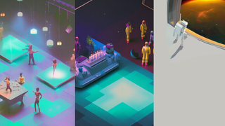 An AI generated triptych of a party in space overshadowed by a burning Earth
