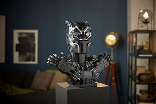 black panther bust lego set on display on table