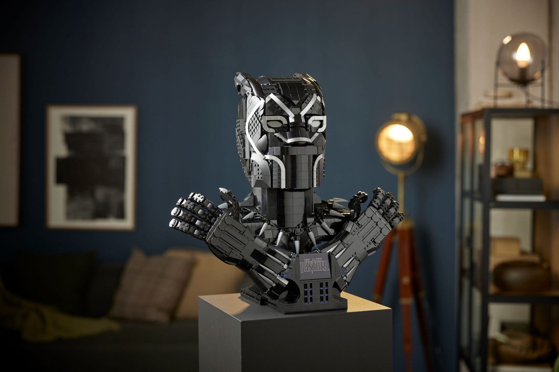 black panther bust lego set on display on table