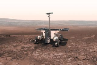 An artist's illustration of the European Space Agency's ExoMars rover on the surface of Mars. The ExoMars rover will launch in 2018 to explore the Red Planet.