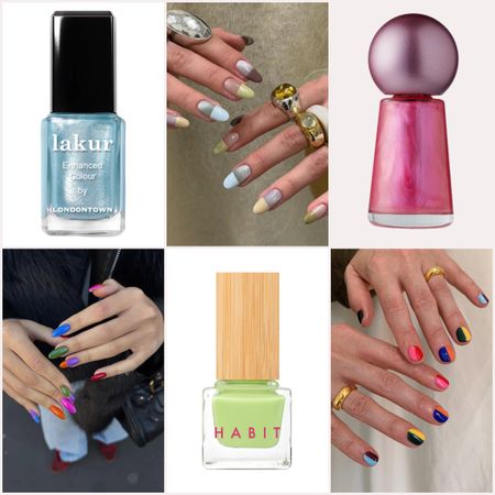 three nail polish bottles in green, blue, and purple, along with graphic pill box nail designs in varying colors
