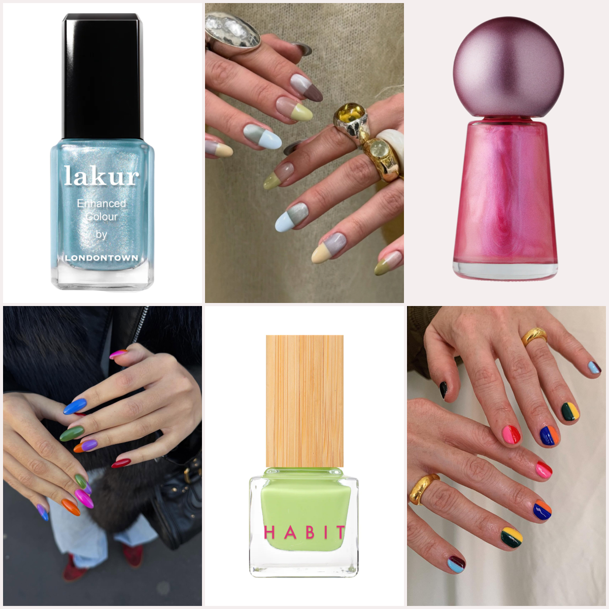 three nail polish bottles in green, blue, and purple, along with graphic pill box nail designs in varying colors