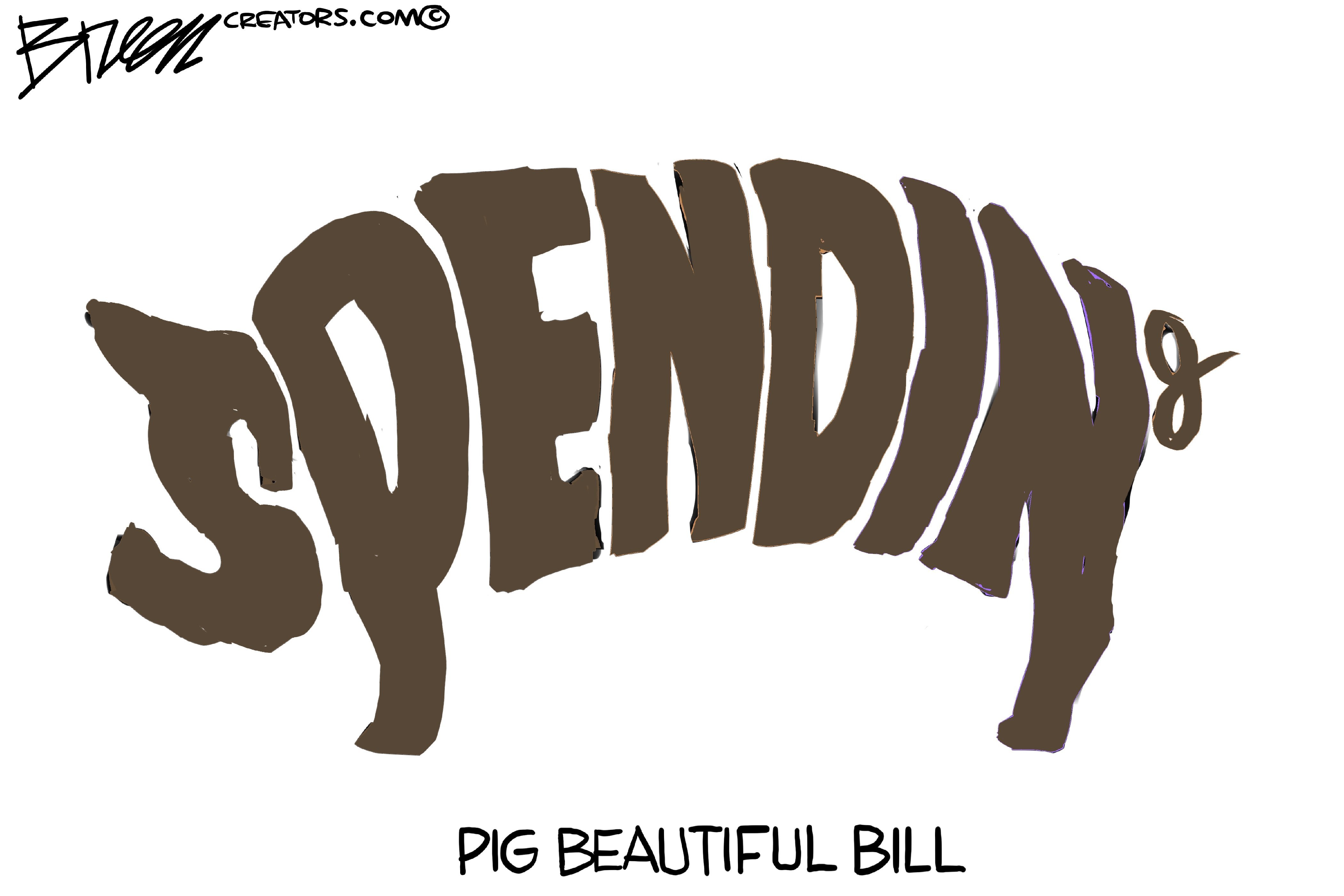 This cartoon is titled “PIG BEAUTIFUL BILL”. The main image is the word “SPENDING” that has been drawn to resemble a pig.