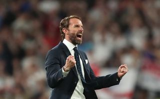 England Euro 2024 squad manager Gareth Southgate celebrates on the final whistle