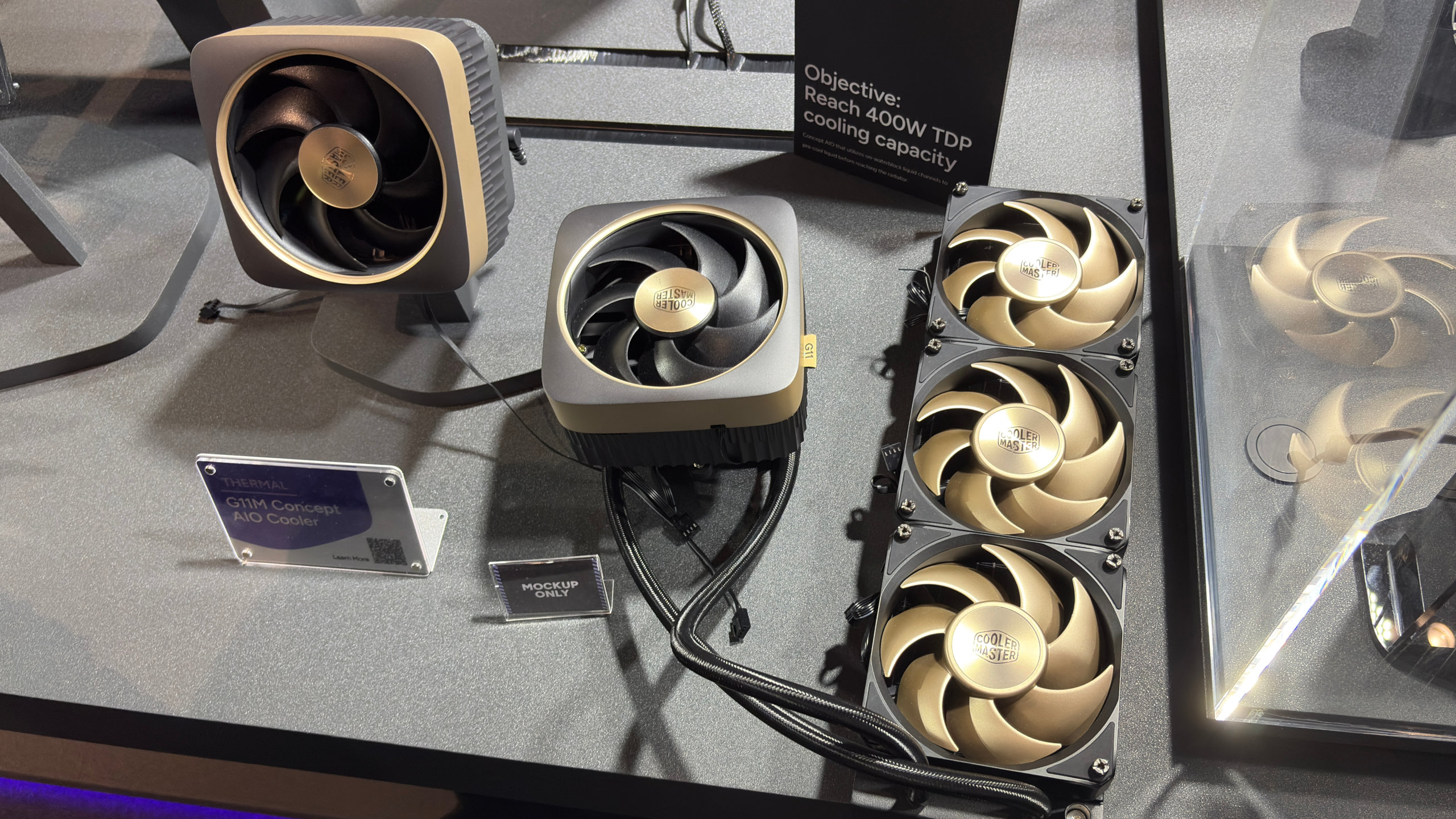 A photo of Cooler Master's G11M concept AIO CPU cooler, as displayed at Computex 2026