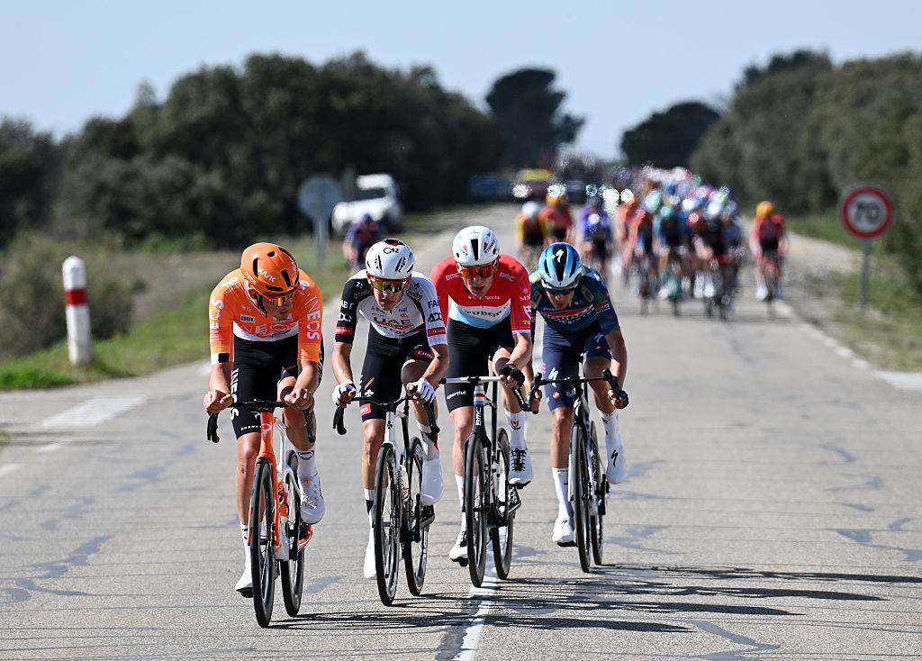 APT, FRANCE - MARCH 13: (L-R) Joshua Tarling of Great Britain and Team INEOS Grenadiers, Igor Arrieta of Spain and UAE Team Emirates - XRG, Arthur Kluckers of Luxembourg and Team Tudor Pro Cycling and Steff Cras of Belgium and Team Soudal Quick-Step compete in the breakaway during the 84th Paris-Nice 2026, Stage 6 a 179.3km stage from Barbentane to Apt 234m / #UCIWT / on March 13, 2026 in Apt, France. (Photo by Szymon Gruchalski/Getty Images)