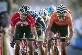 Andreas Klöden (RadioShack) battles with Samuel Sanchez (Euskaltel-Euskadi) for the stage win in Paris-Nice.