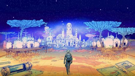 A colourful space landscape with a single cosmonaut in the middle