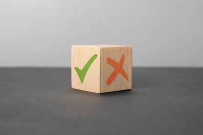 wooden cube with a red x on one side and a green check on another