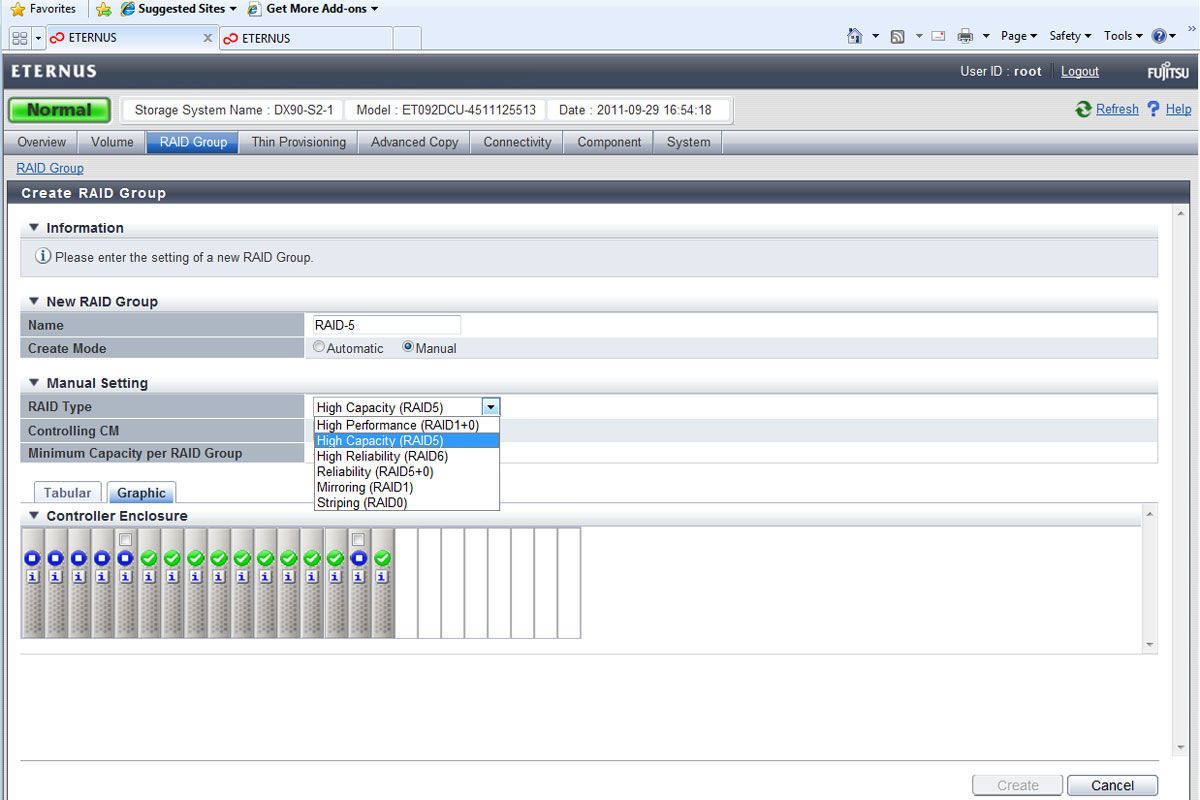 A good range of RAID array types are supported and each array can contain multiple volumes.
