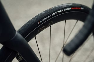 A section of the OQUO wheel that is on the Orbea Orca road bike